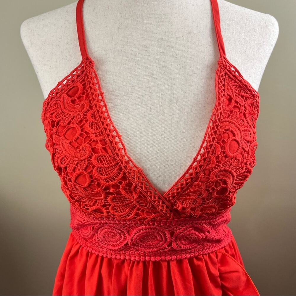 Ecowish Red Backless Dress Backless Ruffles Lace Bow Boho Women's Size Small - Picture 2 of 9